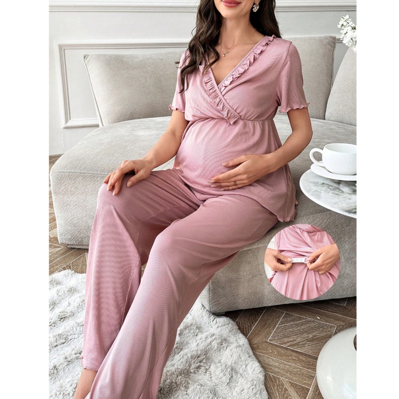 V-Neck Ruffle Short Sleeve & Long Pants Maternity Pajama Set S/36