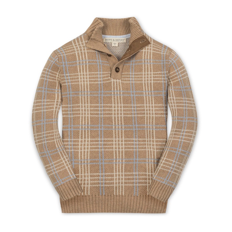 Organic Mock Neck Sweater XS (5/6) Camel Heather Plaid Intarsia