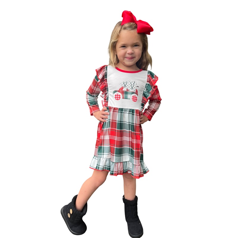 Plaid Christmas Tree Truck Boutique Dress 9m (3XS) red green white
