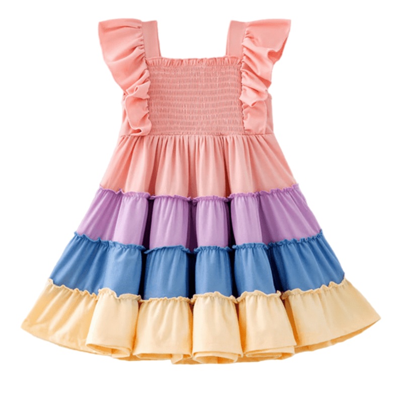 Rainbow Smocked Ruffle Playwear Dress W/ Hair Bow 12/18M