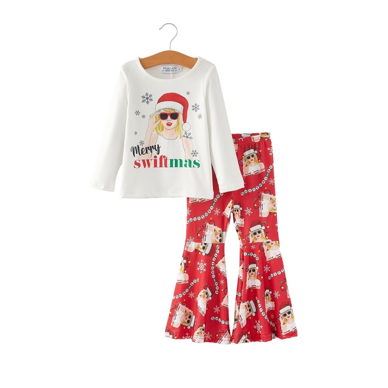 Ts Christmas White Print Top + Pants Girls Outfits Set 2