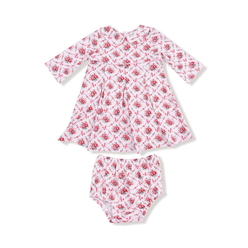 Box Pleat Dress With 3/4 Sleeve + Peter Pan Collar & Diaper Cover 3-6M